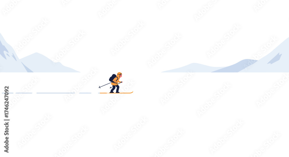 Fototapeta premium Solitary Skier Crossing a Vast Expanse of Snow in a Minimalist Landscape Illustration