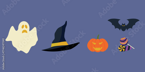 Set of Halloween decorations Flying vampire bat wings black, orange or orange lantern, carved smiling pumpkin, candy sweet lollipops and magician's hat. Set of scary stickers and shows