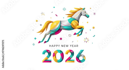 Colorful geometric horse jumping with 'Happy New Year 2026' text and confetti, celebrating the upcoming year.