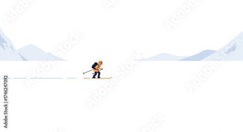 Solitary Skier Crossing a Vast Expanse of Snow in a Minimalist Landscape Illustration