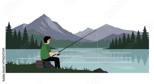 A Man Fishing by a Lake with Mountains and Trees in the Background - Serene Outdoor Scene