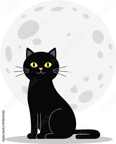 Mysterious black cat sits under a large full moon with wide bright eyes isolated on transparent background
