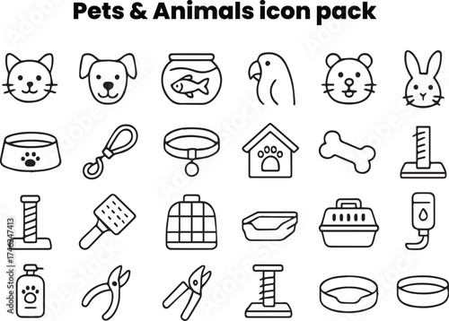 Minimal black and white outline icons featuring pets and essential accessories like collars, leashes, food bowls, toys, and pet houses. Perfect for pet shops, veterinary services, educational material