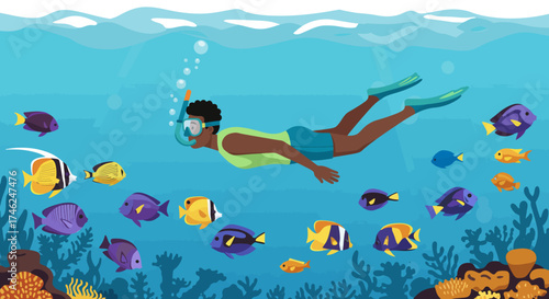 Underwater Adventure Snorkeler Surrounded by Colorful Fish in the Ocean