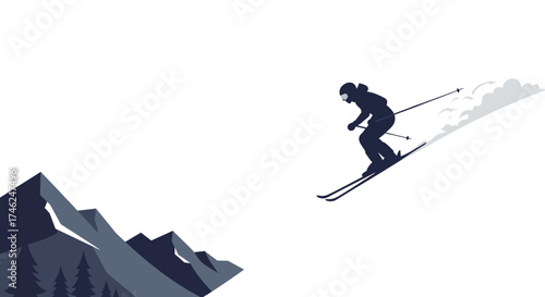 Downhill Skier Silhouette Against Mountain Landscape Active Winter Sport Graphic