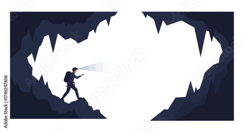 Exploring a Cave Adventurer with Headlamp in Dark Cavern
