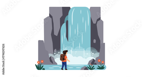 Cartoon Explorer by a Waterfall - Nature Scene Illustration
