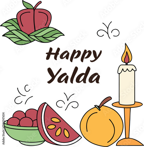 happy yalda celebration with candle watermelon apple berries and festive fruits