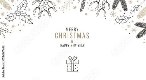 Elegant Christmas and New Year greeting card with hand-drawn botanical decorations like holly, mistletoe, and pine branches.