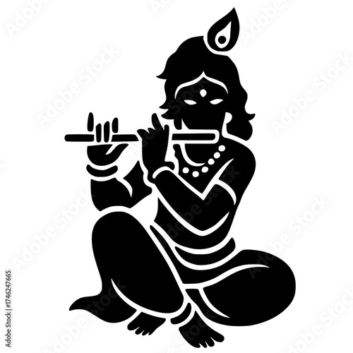 Lord Krishna playing flute silhouette. Hindu god with peacock feather crown in meditation pose. Black stencil art perfect for religious, spiritual, Indian culture, Janmashtami, devotional design conce
