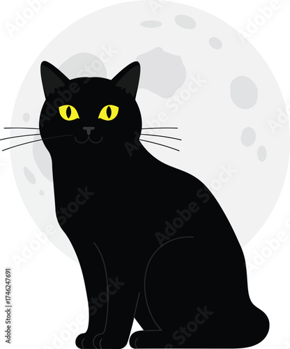 Mysterious black cat posing gracefully against a large full moon evokes nocturnal ambiance isolated on transparent background