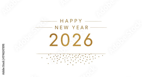 Elegant gold 'Happy New Year 2026' text with festive confetti on a clean white background, celebrating the upcoming year.