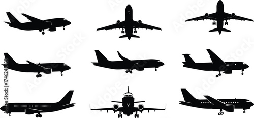 Airplane silhouette, aircraft vector illustration, aviation design icon, commercial jet outline, flying plane graphic, cad drawing flat vector illustration
