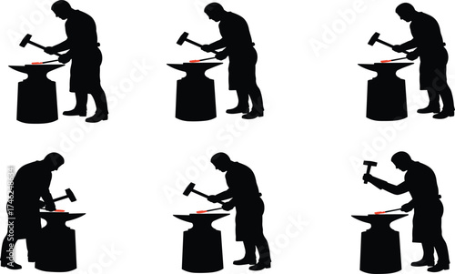 Silhouettes of blacksmiths, forging metal, using hammers, at anvils, in various poses, for craftsmanship, metalworking, industry, and traditional trade concepts