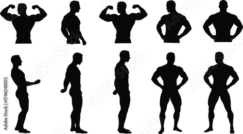 Bodybuilder silhouettes, muscular men, fitness poses, strong male figure, flexing arms, bodybuilding stance, gym athlete, human anatomy, cad drawing flat vector illustration