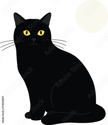 Majestic black cat with vivid yellow eyes sitting elegantly full body isolated on transparent background