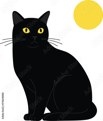 Majestic black cat sitting under a bright yellow sun with glowing eyes isolated on transparent background