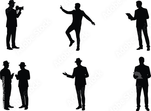 Businessman silhouette, men in suits vector, professional posture illustration, corporate communication design, vintage style icon, cad drawing flat vector illustration