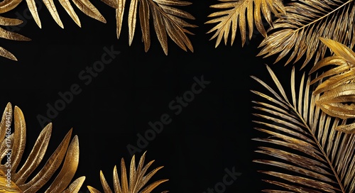 Glistening gold leaves border a sleek black background for elegant, modern designs and compositions.