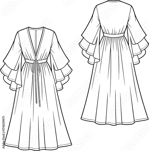 Flat vector CAD illustration of long dress with tiered flounce sleeves, deep V-neckline, drawstring waist, fashion garment technical sketch