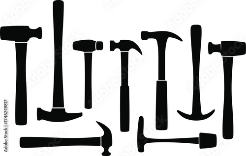 Hammer silhouettes, construction tools, carpentry equipment, industrial striking tools, claw hammer, sledgehammer, ball peen hammer, vector design, CAD drawing, flat vector illustration