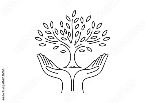 Tree in open hands line art vector