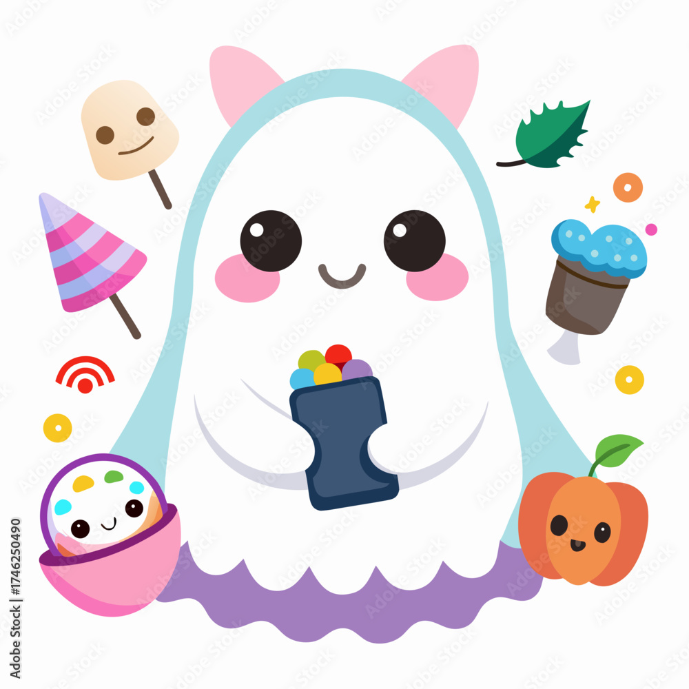 Naklejka premium Vector art of cute ghost holding candy