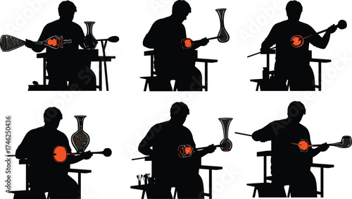 Silhouettes of glassblowers, shaping molten glass, using blowpipes, in various poses, for craftsmanship, glass art, traditional glassblowing, and artisan work concepts