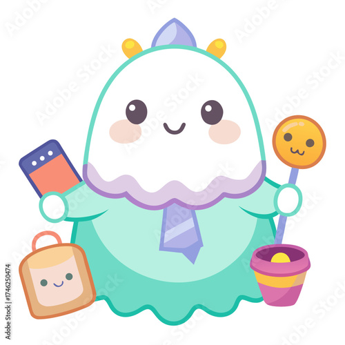 Vector art of cute ghost character with tie holding phone and bag