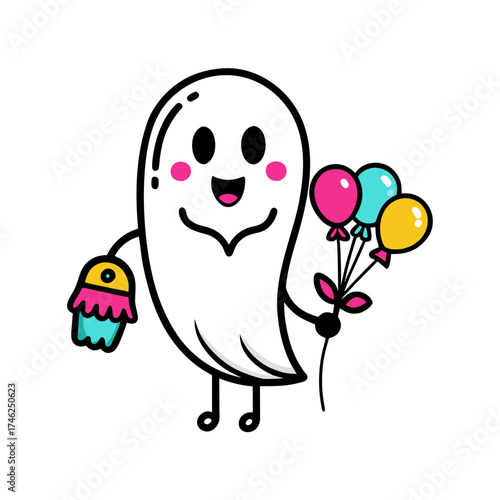 Vector art of cute ghost holding balloons and party favor