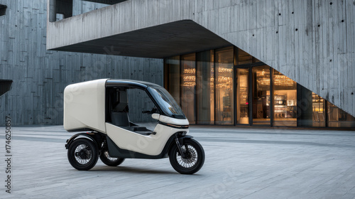 Sleek modern white electric tricycle near contemporary building