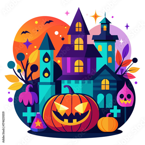Vector art of haunted halloween castle with jackolantern and spooky elements