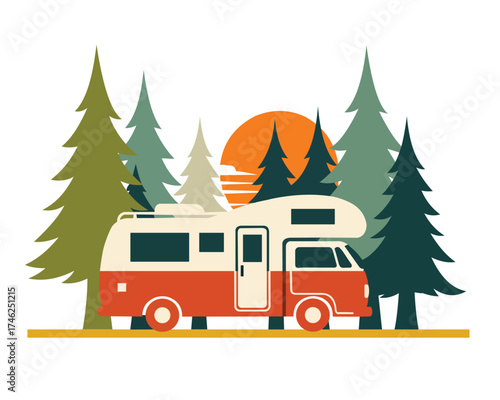 Vintage camper van parked among pine trees with sunset isolated on white background