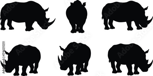 Rhinoceros silhouette vector, wild animal illustration, African wildlife icon, endangered species art, cad drawing flat vector illustration, black silhouette design