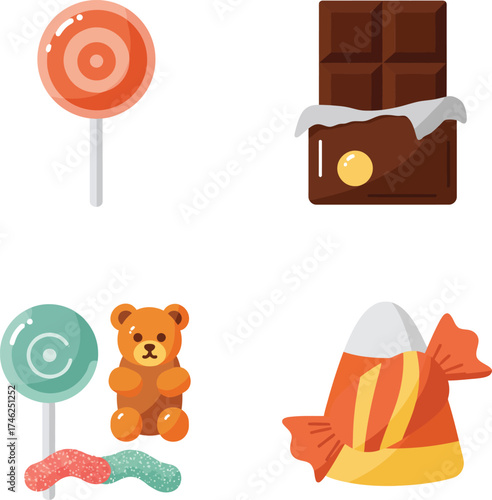 Assortment of sweet treats featuring lollipops teddy bear chocolate and candy corn for holidays isolated on transparent background