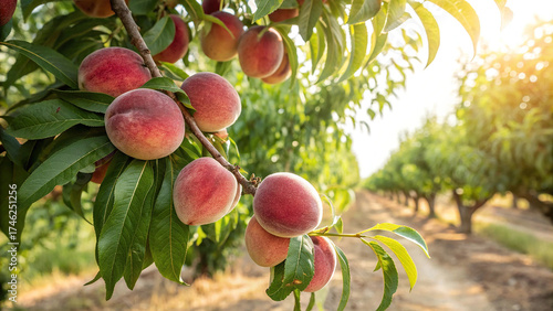 Closeup shot of ripe peaches hanging on a tree branch in an orchard on a sunny day, ready to be harvested for consumption