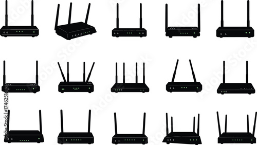 Router silhouette, wifi modem vector, wireless internet device, broadband equipment, digital communication icon, home networking design, antenna signal, technology illustration, network hardware