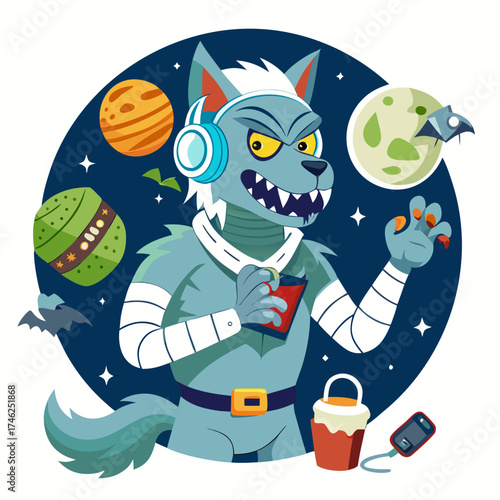 Vector art of werewolf dj with headphones and planets in space
