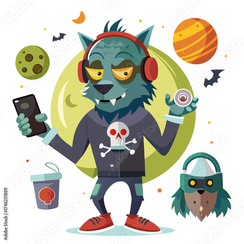 Vector art of blue werewolf character with headphones and halloween elements