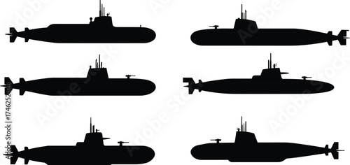 Submarine silhouettes, naval vessel, underwater ship, military submarine, ocean defense, warship design, navy technology, marine transport, cad drawing flat vector illustration