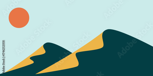 Modern vector illustration of a serene desert landscape with rolling sand dunes and a bright sun against a clear sky