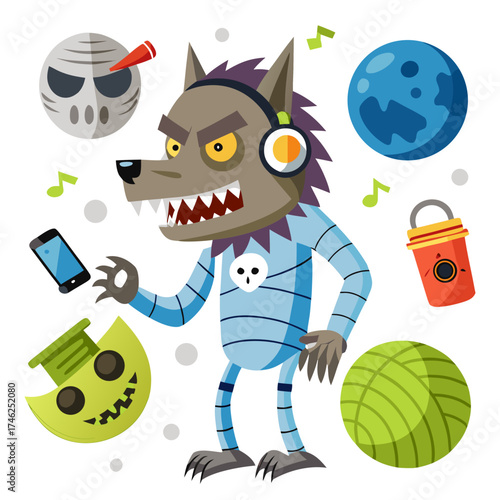 Vector art of cartoon werewolf with headphones holding a smartphone