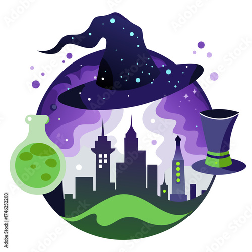 Vector art of witch hat over cityscape with potion and top hat