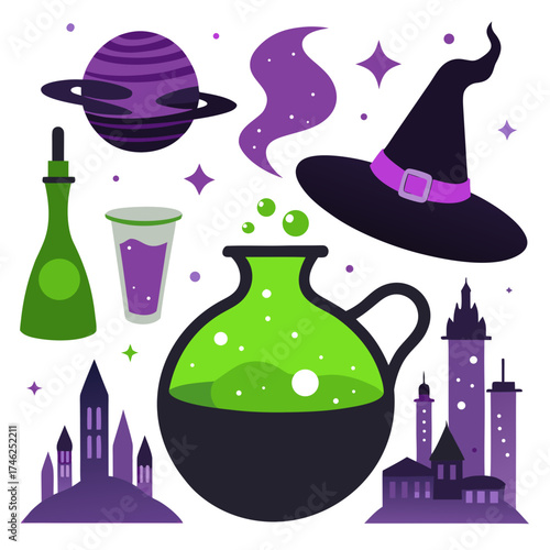 Vector art of witch hat and potion with planet and city skyline