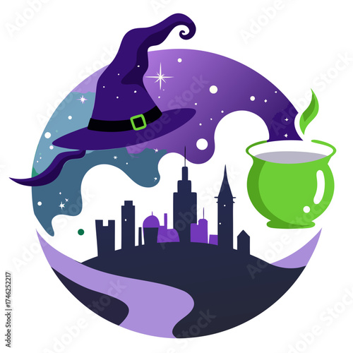 Vector art of witch hat and steaming cauldron over cityscape