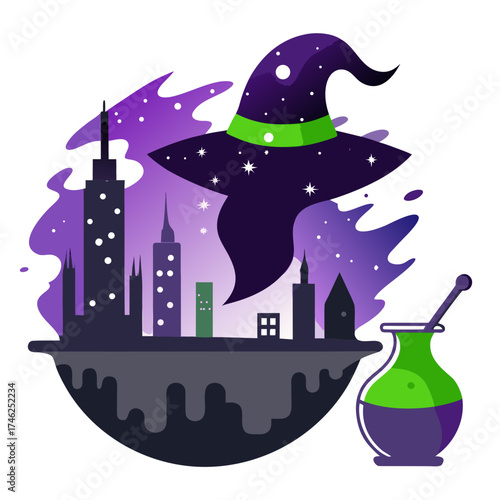 Vector art of witch hat and potion with city skyline