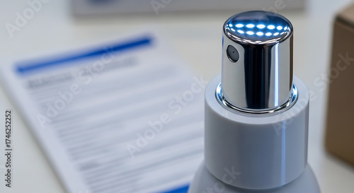 Close-up of a modern chrome-capped spray bottle with blue light accents.