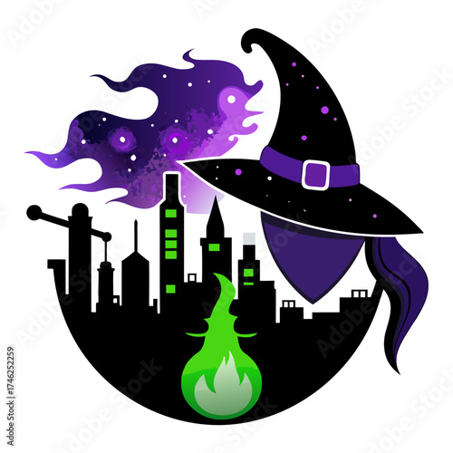Vector art of witch hat and galaxy smoke over city skyline