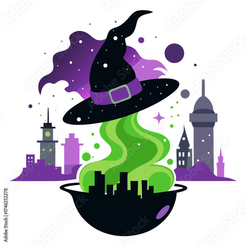 Vector art of witch cauldron with magic potion over city skyline