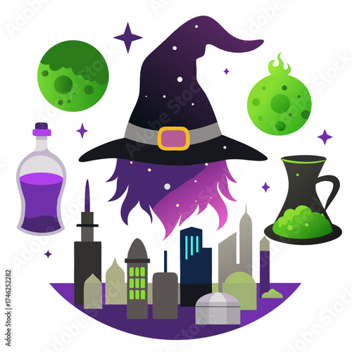 Vector art of witch hat with potion and cityscape